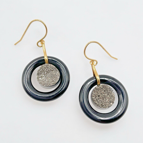 14k Gold Earrings Druzy Hemitate Black Onyx Dangle Hook 1.5” JCM Signed Dangle - Picture 1 of 10